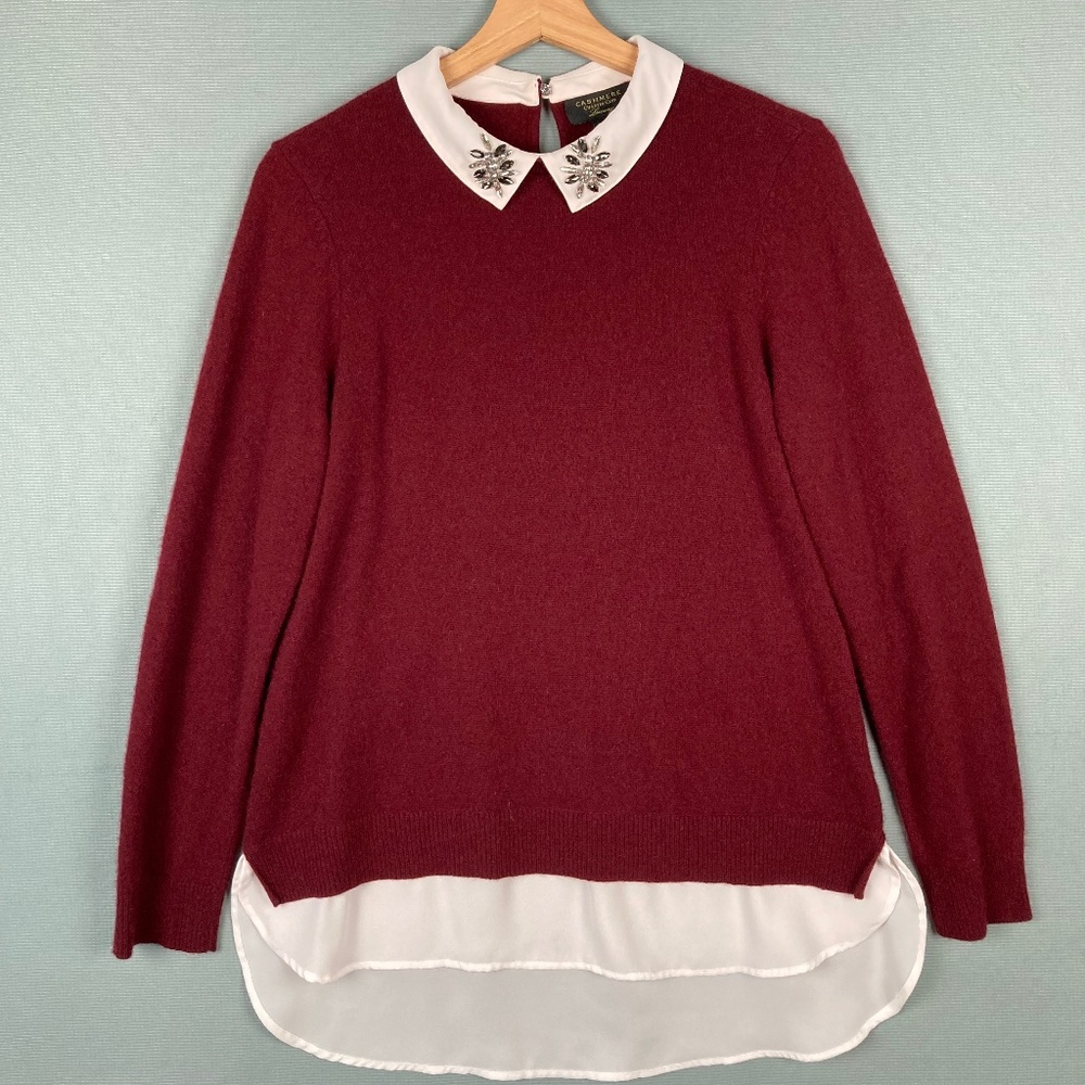 Cashmere Charter Club Luxury Cranberry Red Sweater Rhinestone Collar Peppy Sz M